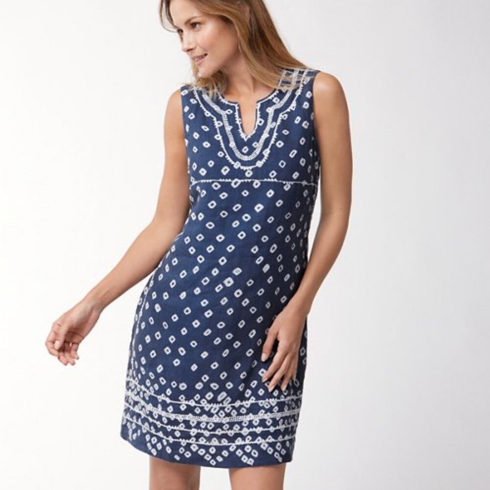Tommy Bahama $168 Shibori Nights Dress Shift Embroidered Linen size S Relaxed